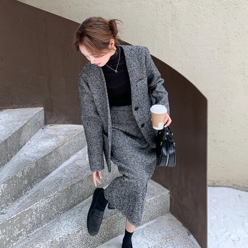 Модный шерстяной пуховик с v-образным вырезом, куртка, повседневная полуюбка, женская зима 202, новый элегантный комплект из двух предметов для поездок на работу