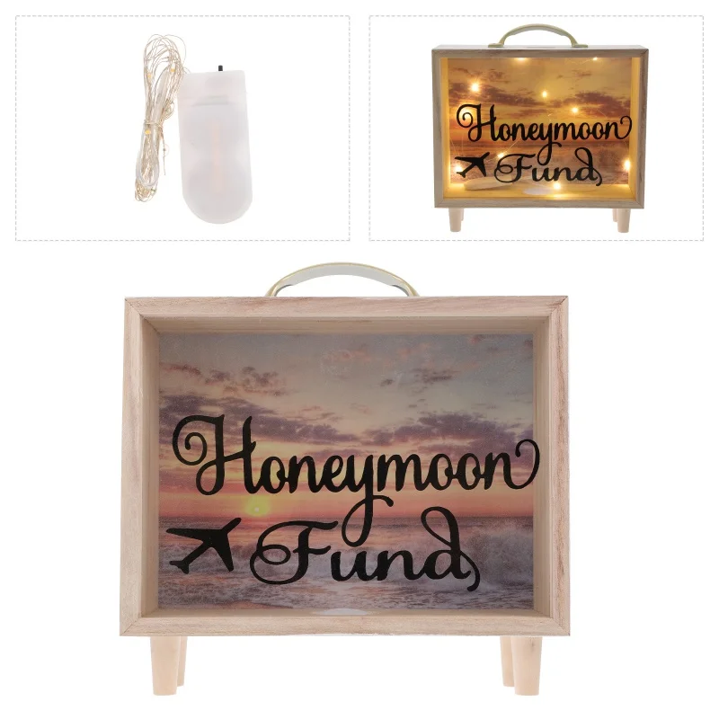 Honeymoon Fund Box Rustic Wood Box Wedding Saving Pot Shadow Piggy Bank with String Light for Weddings Birthday Graduation