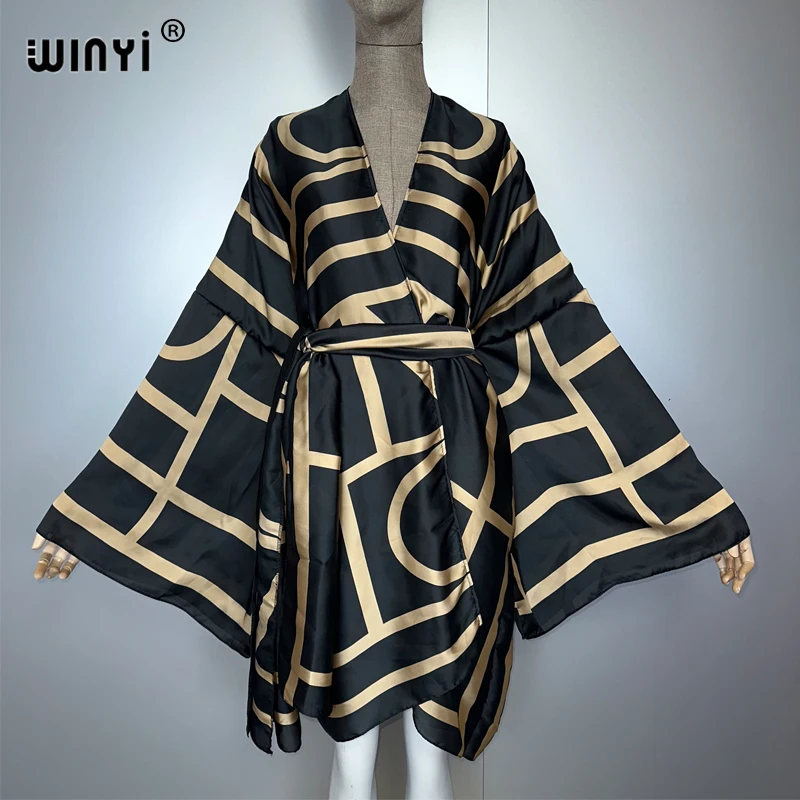 WINYI print kimono beach outfits women Swim Suit Cover up boho Cardigan stitch Self Belt Holiday long Sleeve coat holiday kaftan