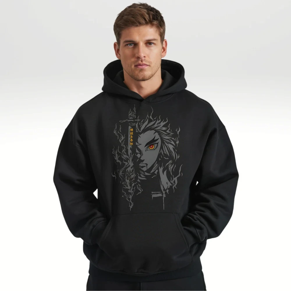 

100 Cotton Demon Slayer Kimetsu No Yaiba Hoodie Black Rengoku Kyojuro Character Print with Flame Hair Design Anime Pullover