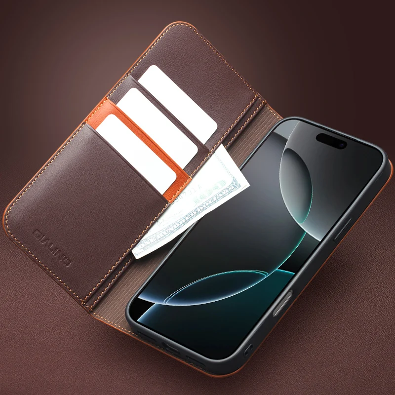 Qialino Full Grain Real Genuine Cowhide Leather Cover For Iphone 15 14 16 13 12 11 Pro Max Retro Business Flip Phone Case Wallet