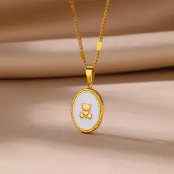 Tiny Bear White Oval Pendant Necklaces Stainless Steel Necklace for Women Aesthetic Waterproof Jewelry Accessories Gift 2024