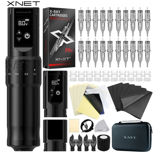 XNET F1-Kit de pluma para máquina de tatuaje inalámbrica, 20 unidades, agujas de cartucho, Motor personalizado, batería de 2400mAh, juego de pluma giratoria de maquillaje para arte de tatuaje