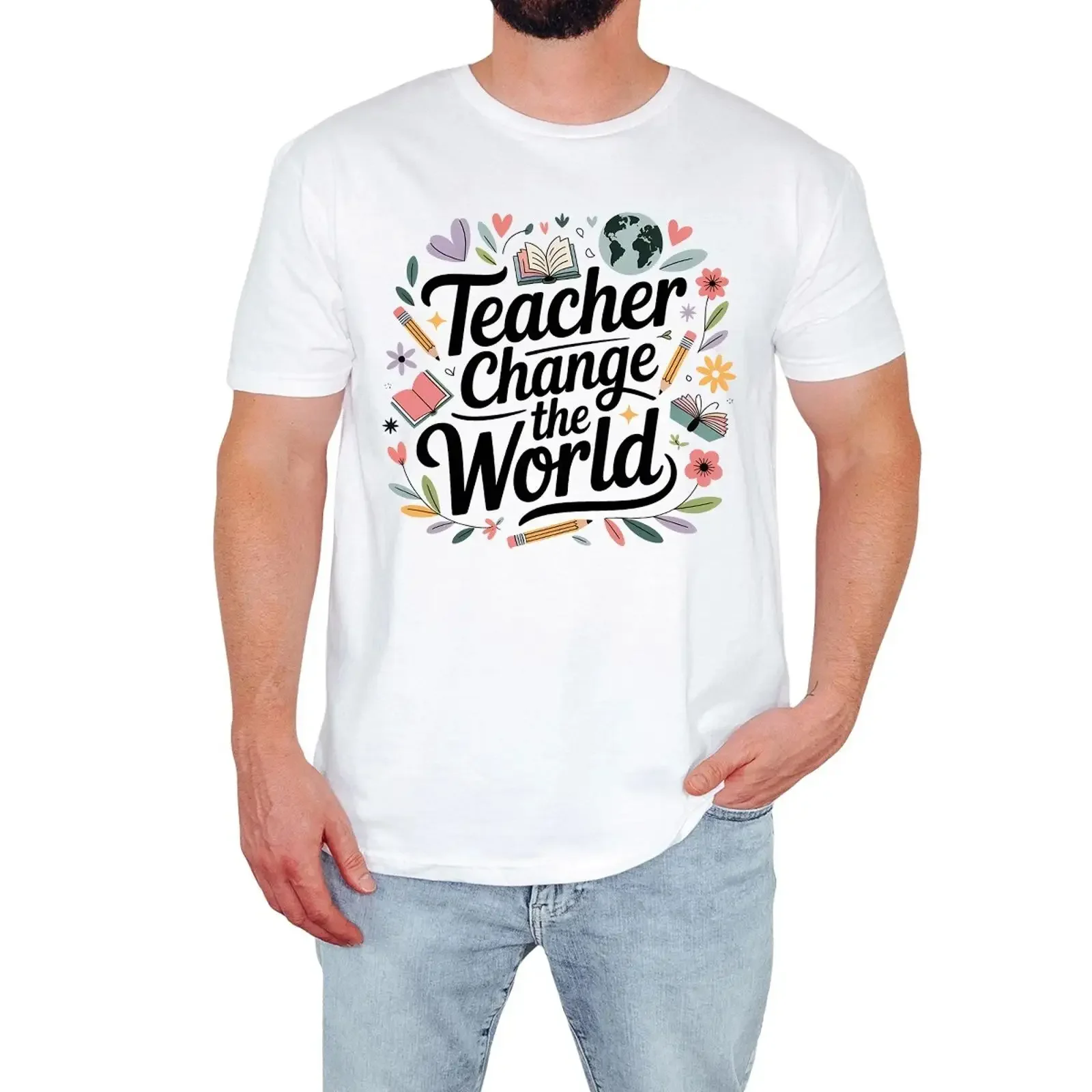 Teacher Changes the World Men's T Shirt Inspirational Quote for Him vintage Washed Slightly Comfortable streetwear graphic