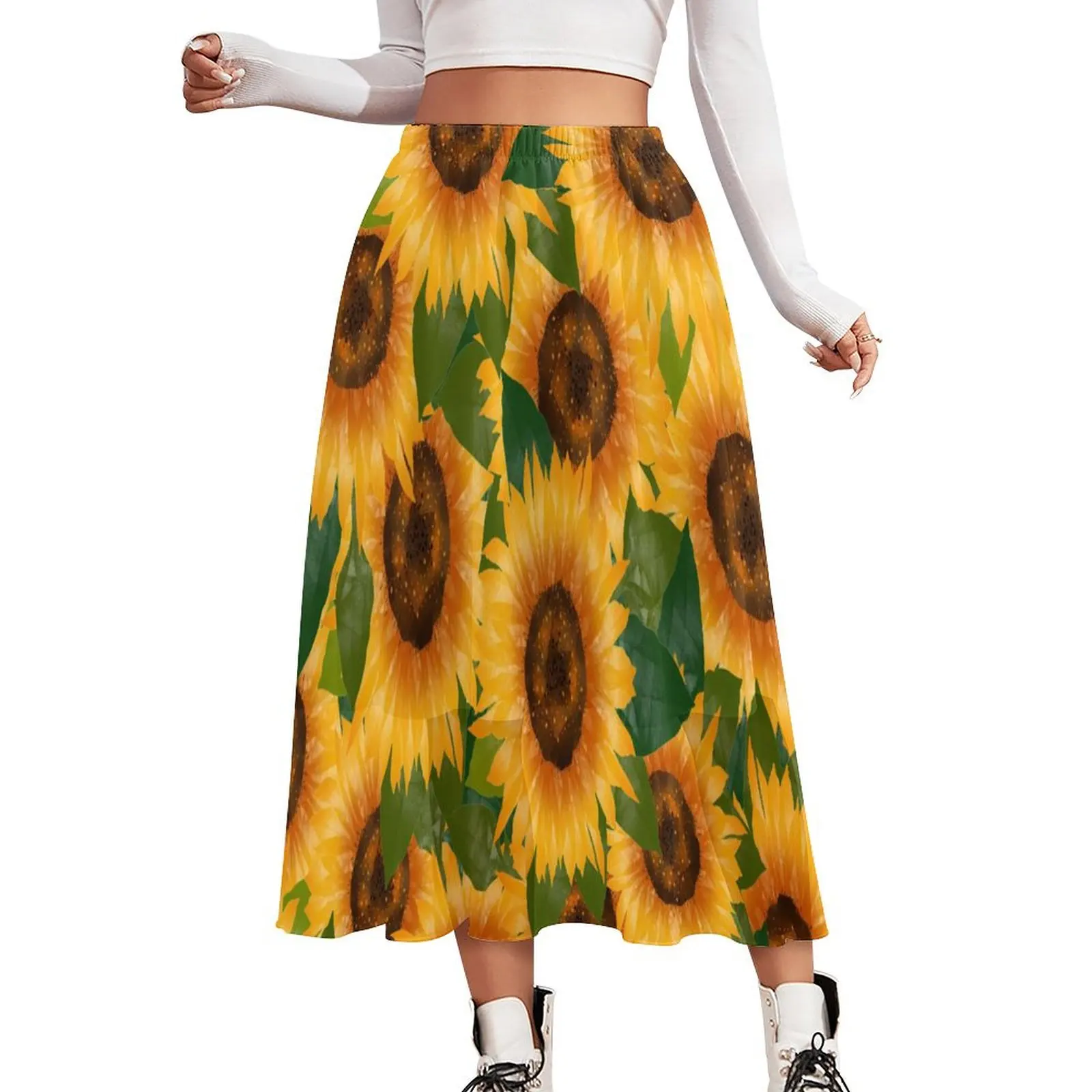 Yellow Sunflower Skirt Womens Flowers Print Trendy Boho Skirts Pattern Elastic Waist Korean Fashion A-line Skirt Big Size 3XL