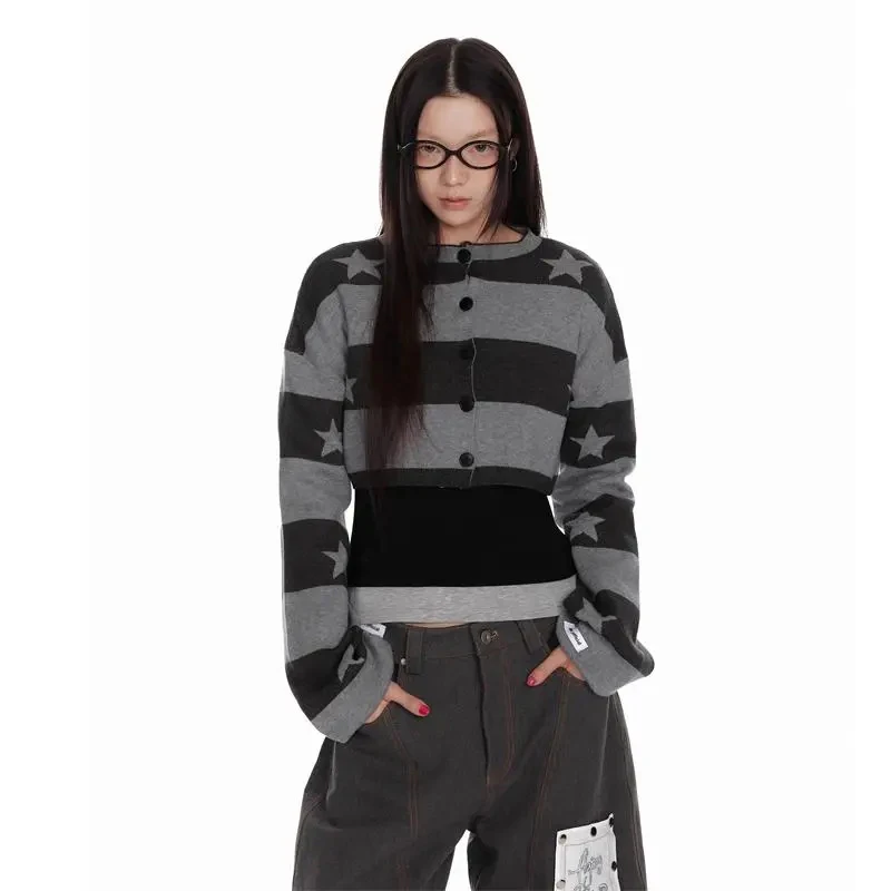 

Women Striped Grey Star Knit Cardigan O Neck Harajuku Y2K Long Sleeve Cropped Sweater Street Loose Lazy Printed Fall Top