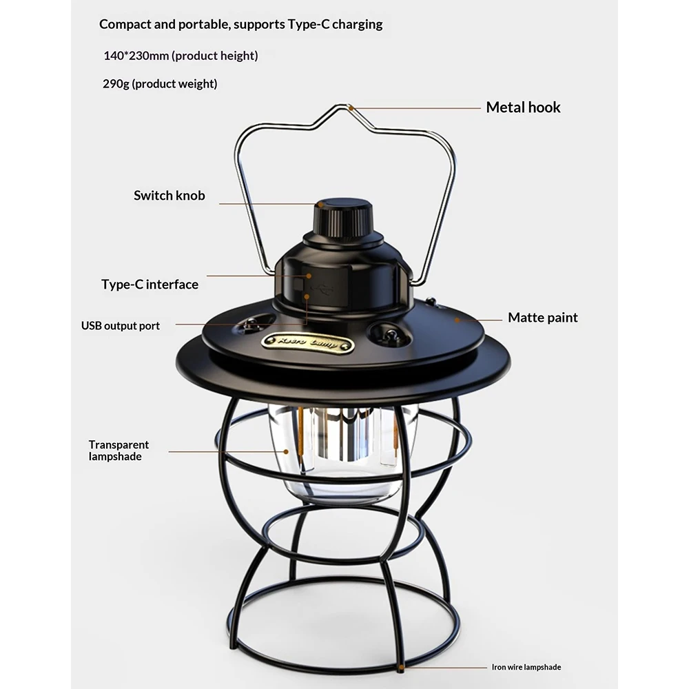 Retro Outdoor LED Light Three Modes Of Energy-saving Lighting Portable Waterproof And Dustproof Camping Light 2000mAh
