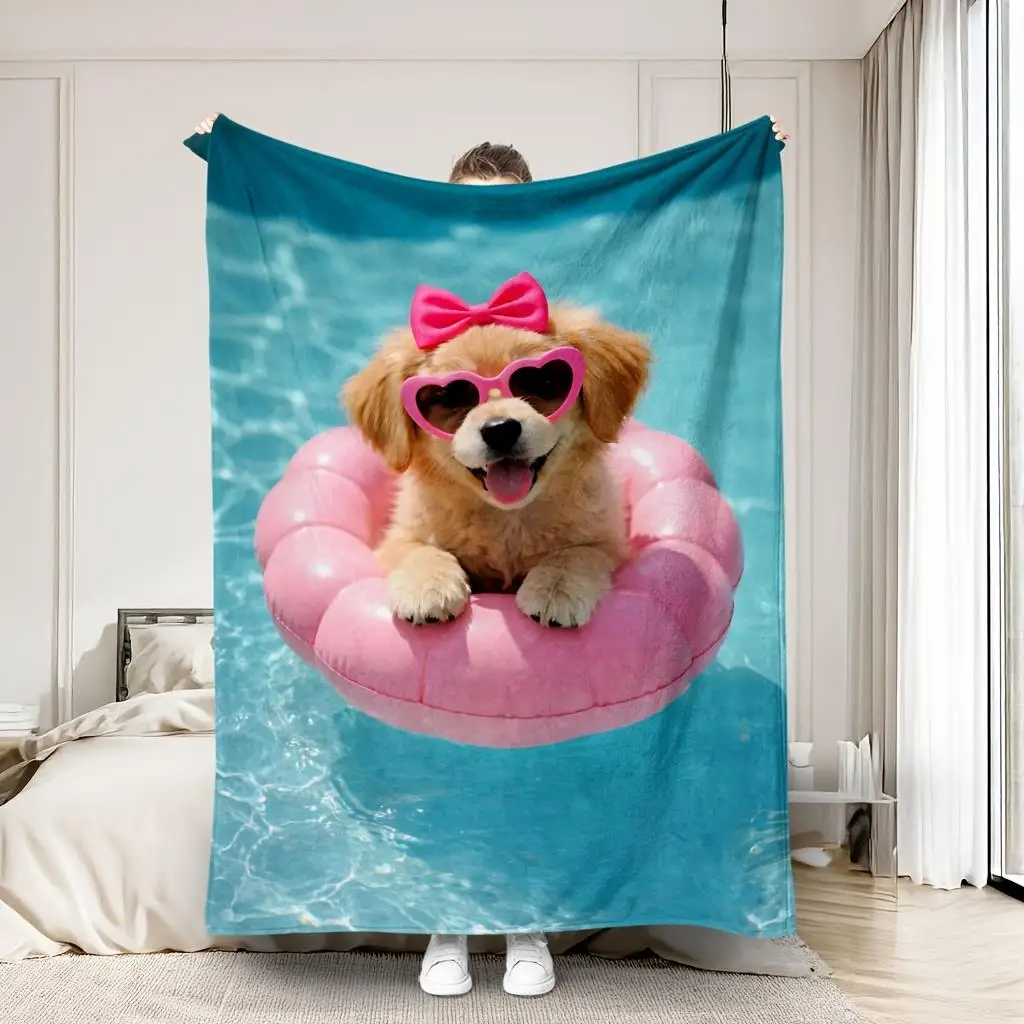 Adorable Puppy Pool Floatie Dog Beach Blanket Throw Cute Pet Lover Summer Coastal Animal Art Home Decor Bed Cover Gift