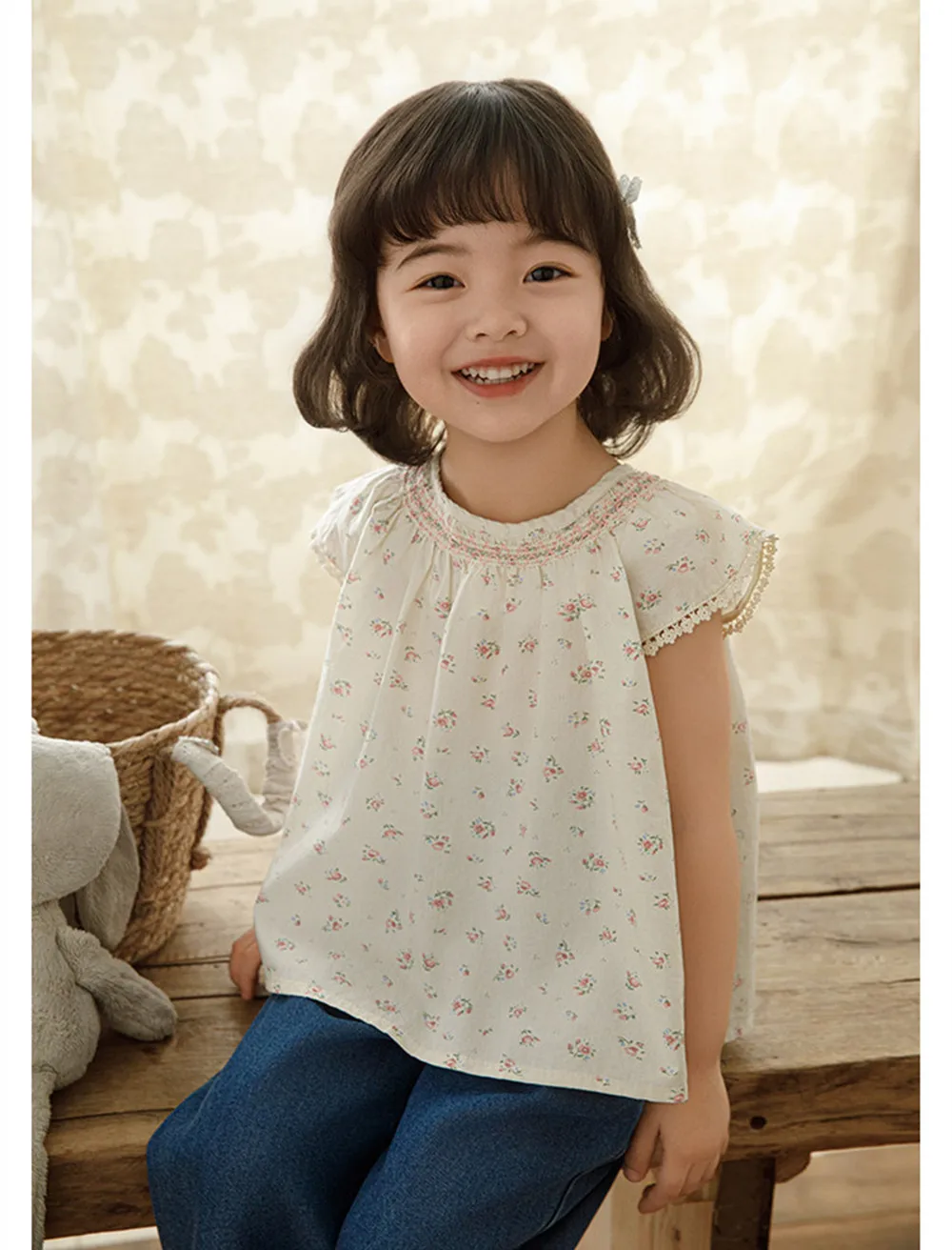 summer tops baby girl clothes cotton cool tees French floral pattern top Sweet countryside style top T-shirt