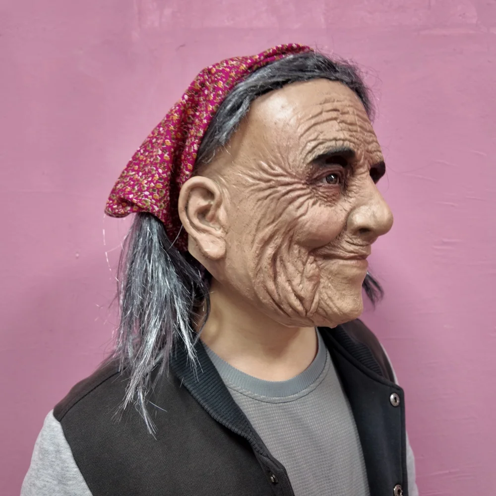 Realistic Old Peasant Woman Mask Vintage Style Halloween Cosplay Costume Party Scary Prop Decor -Red And Blue Headscarves Random