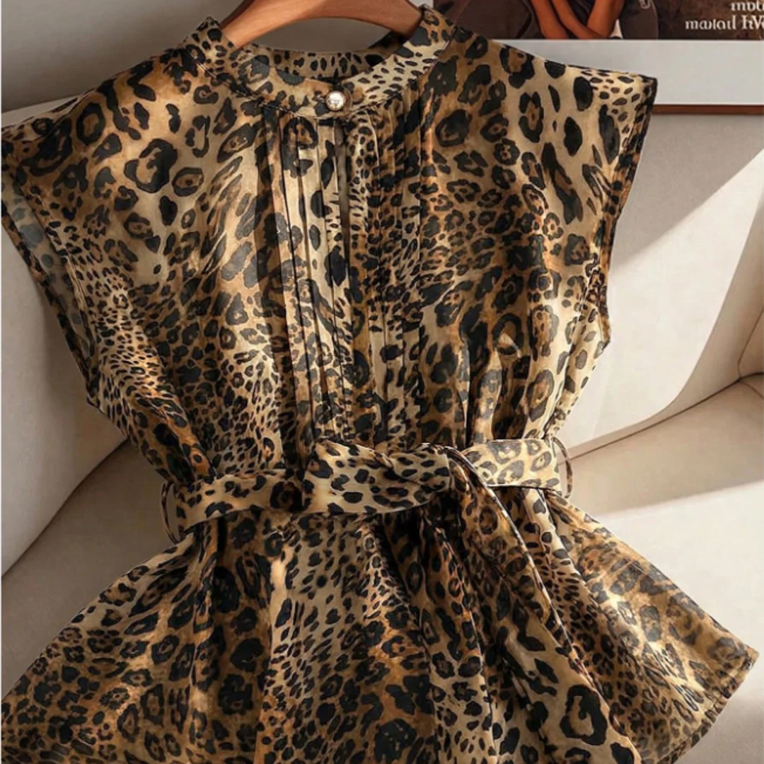 

Vintage Leopard Print Stand Collar Blouse, Women's Elegant Sleeveless Peplum Top with Waist Belt, Lightweight Chiffon Summer Off