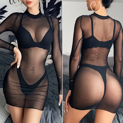 Women Sexy See Through Cover Up Swimwear Mesh Sheer Bikini Long Sleeve Beach Dress Summer Party Bathing T-Shirts