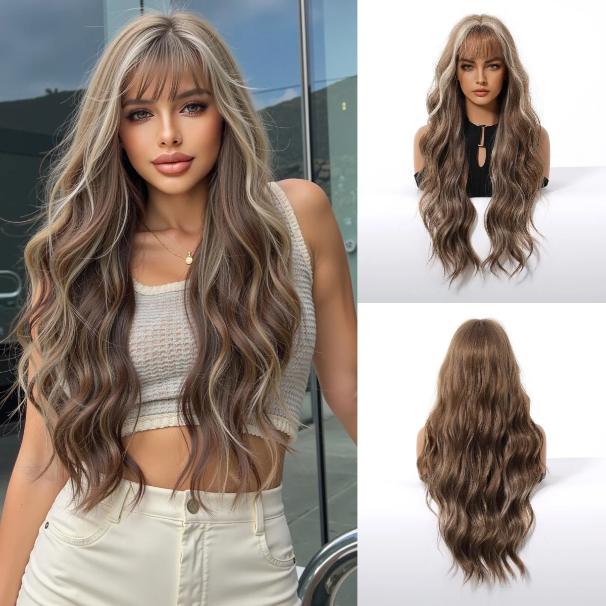 

Long Water Wave Synthetic Wigs Brown Mixed with White and Blonde Wigs with Bangs for Women Cosplay Party Wigs Heat Resistant