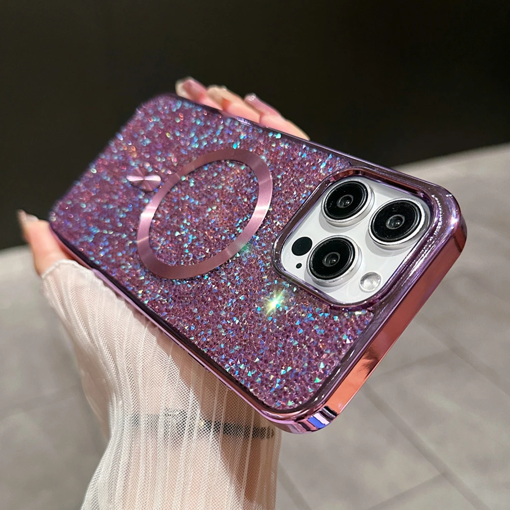 Luxury Bling Glitter Diamond Magnetic Phone Case For iPhone 16 15 Pro Max 14 Plus 13 12 11 For Magsafe Wireless Charging Cover