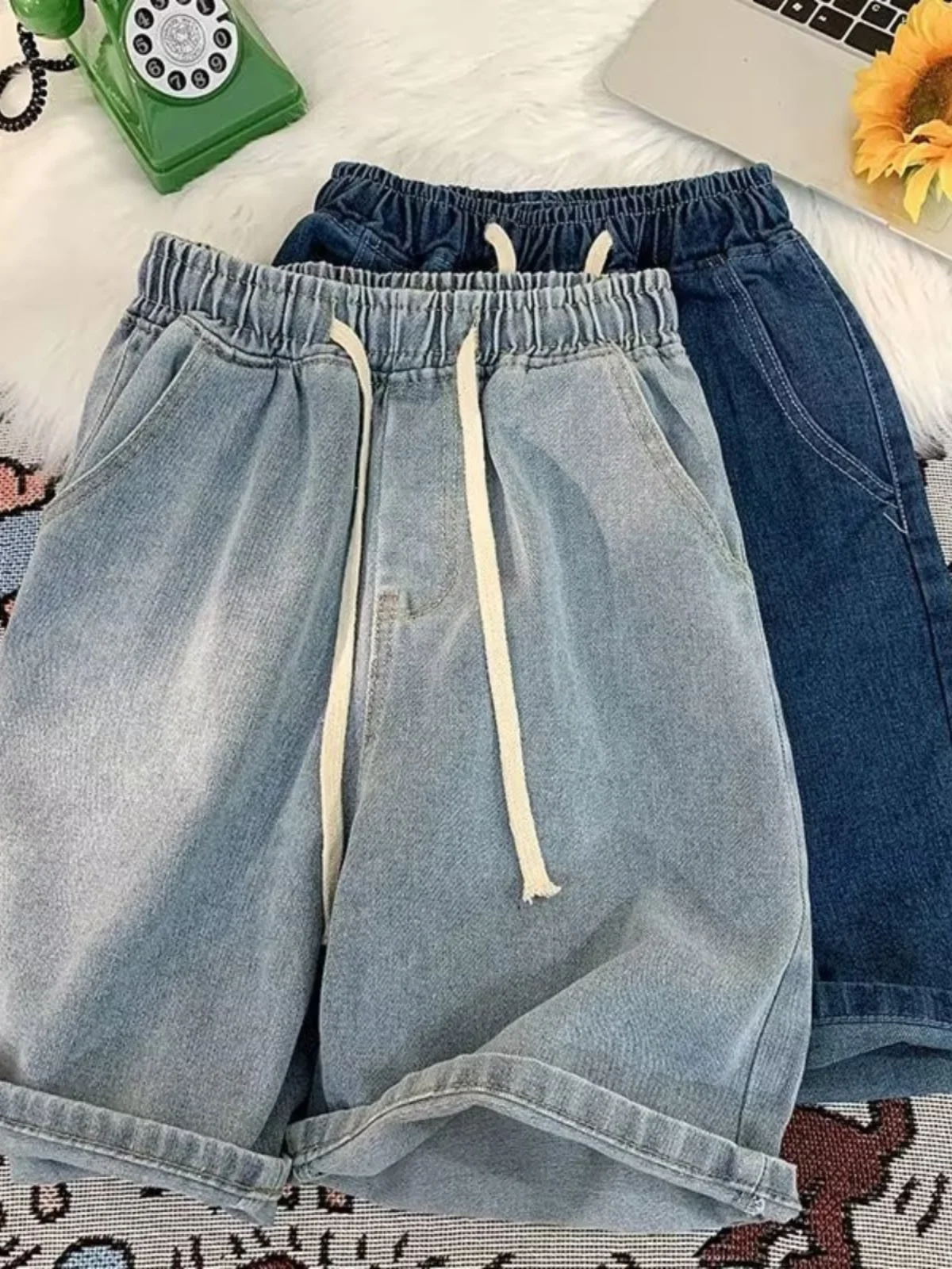 

Summer High Waist Elastic Waist Denim orts Women's Loose Wide Leg Thin Five-Point Pants Straight Cut Slimming Effect