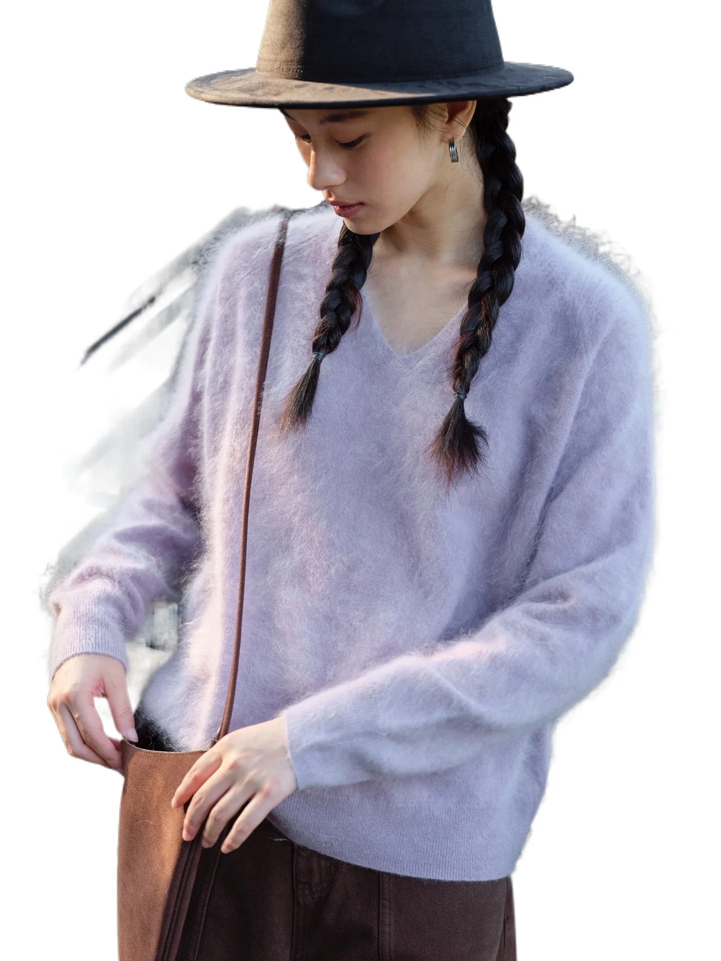 Knock fairy Morandi color system~ full molding seamless process washed brushed v-neck pure cashmere sweater