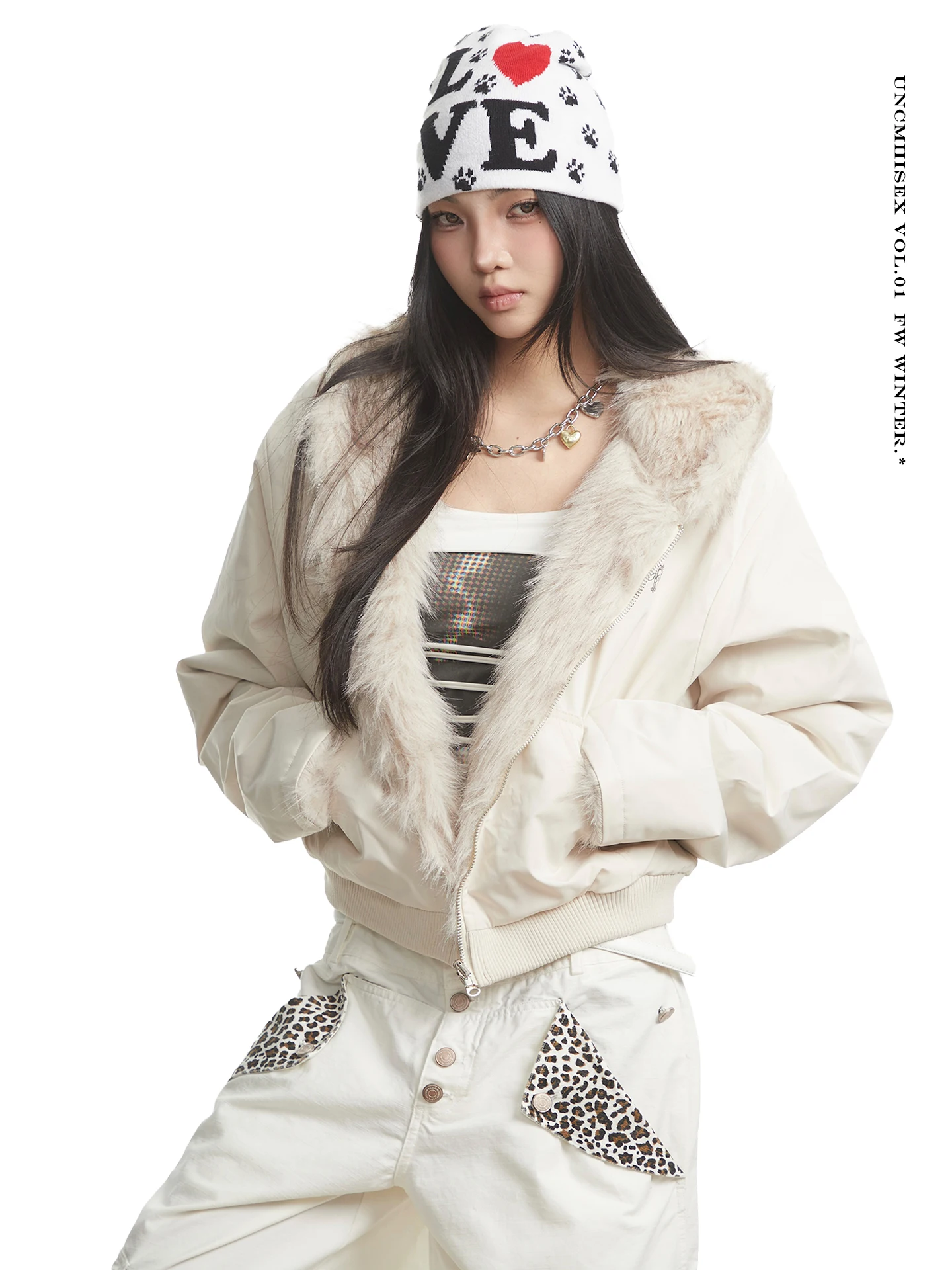 

UNCMHISEX Women's Thiened Fce Lined Hooded Jaet White Warm Cotton Top Loose Casual Versatile Winter Outerwear