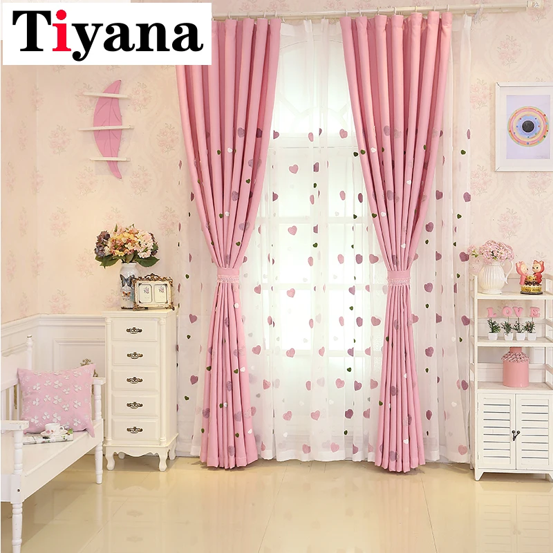 Cartoon Children Pink Embroidered Sheer Tulle 3D Love Heart Blackout Curtain For Girls Living Room Bedroom Window Drapes Cortina