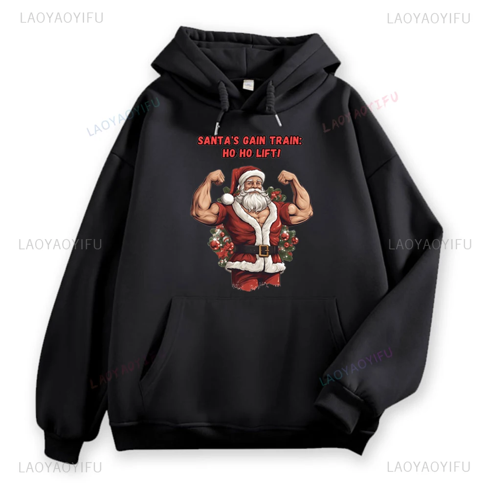 Santa's Gain Train Ho Ho Lift Printed Hodoie Funny Weight Lifting Woman Man Christmas Gift Drop Shoulder Long Sleeve Outerwear