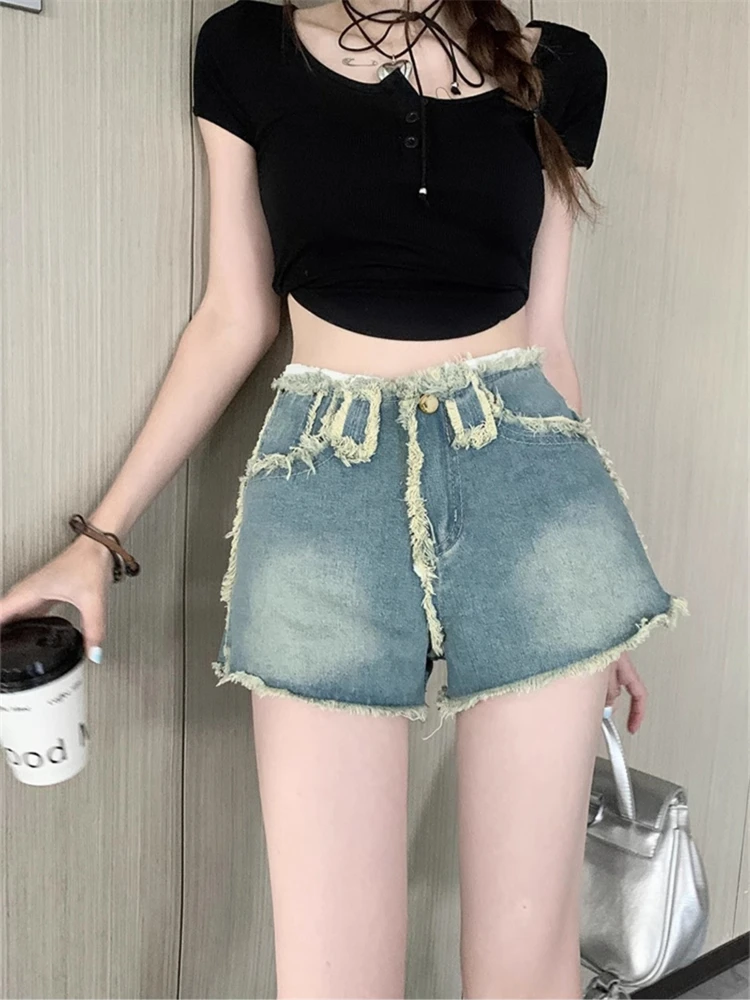 

Summer Women's Low Waist Edge Design Denim Shorts Cool Girl Distressed Mini Trousers Female Fashion Wide Leg Regular Pants