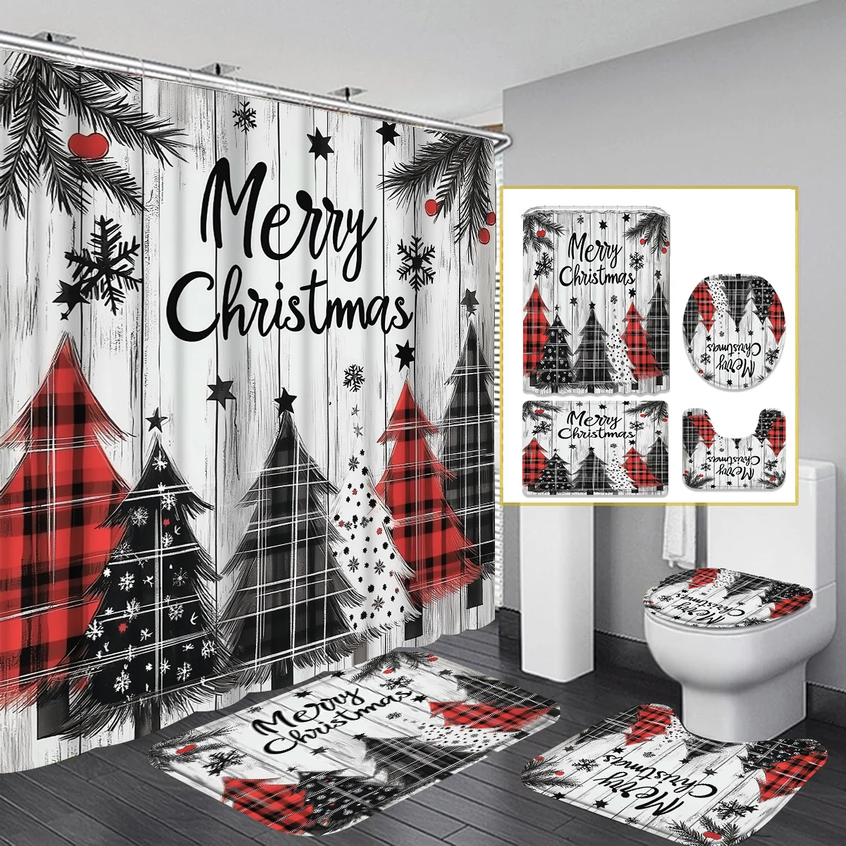 4PCS Christmas Shower Set , White Red Christmas Tree Print 12 Hooks Non-Slip Mat U-Seat Cover Holiday Decor