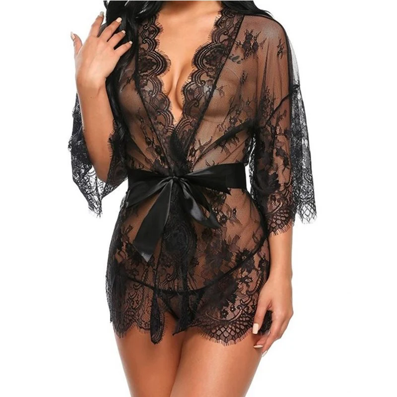 New Sexy Lace Transparent Ruffles Robe Women Lingerie See-through Babydolls Underwear Sleepwear Night Dress Erotic Sex Clothes