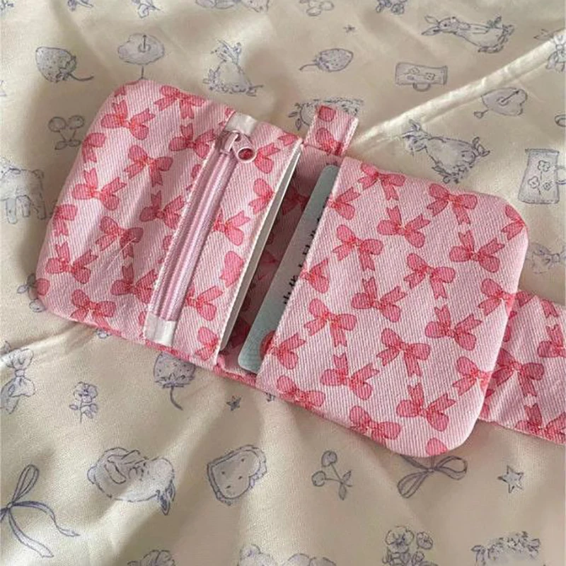 Monederos rosas con estampado de lazo dulce, monedero de lona con cremallera pequeña, tarjetero de gran capacidad para mujeres y niñas, bolsa de almacenamiento informal