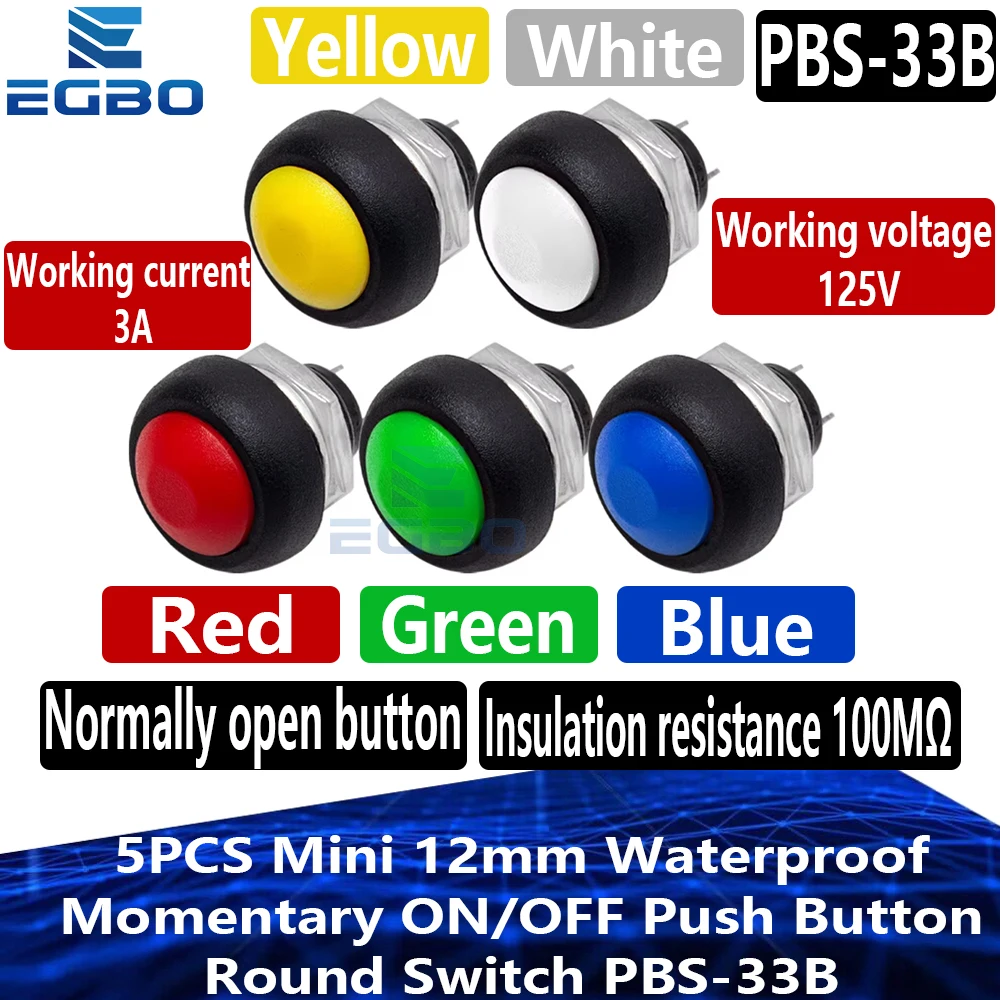 EGBO  5PCS Mini 12mm Waterproof Momentary ON/OFF Push Button Round Switch PBS-33B For arduino