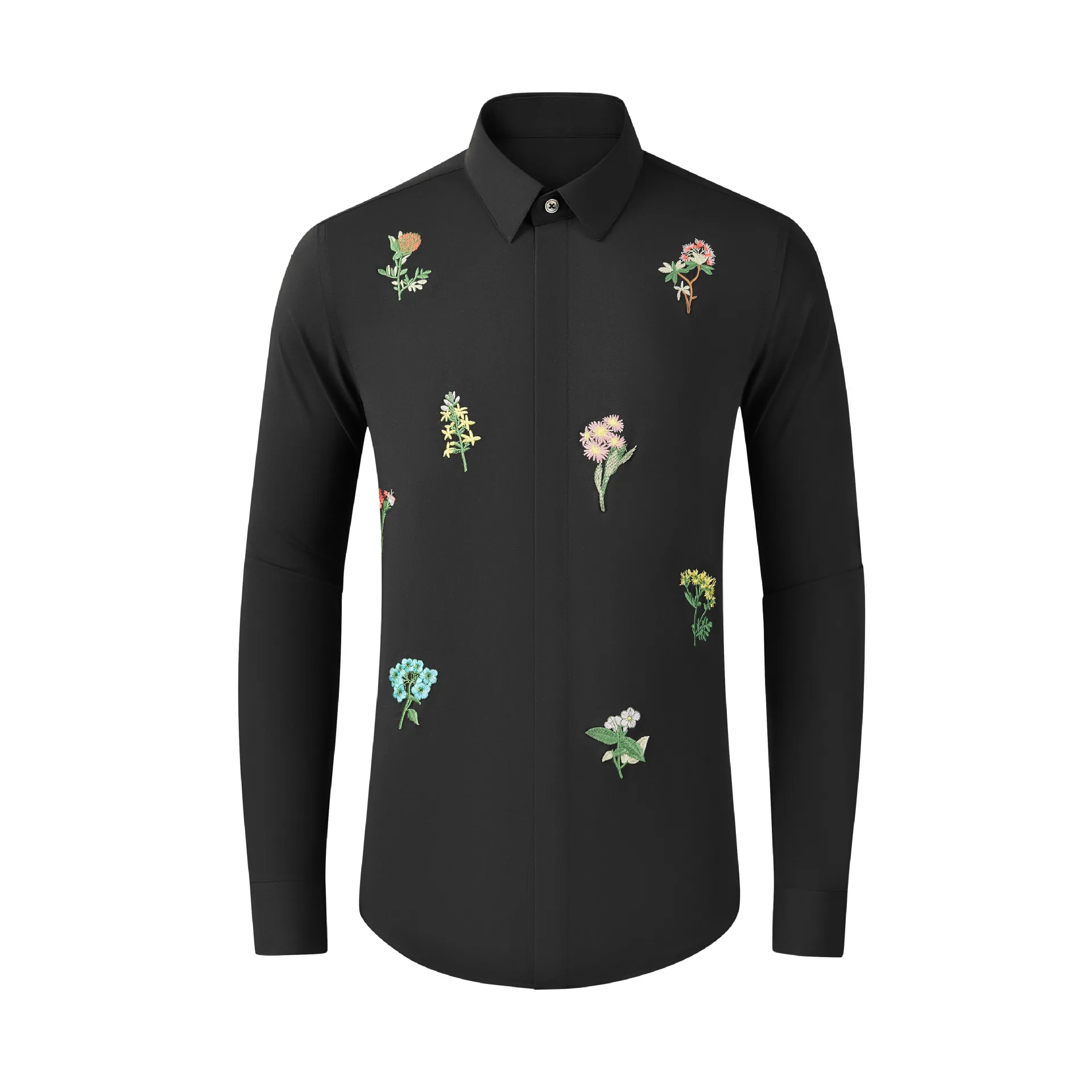 Brand Flower Embroidered Men's Shirt Cotton Long Sleeve Casual Business Dress Shirts Social Party Banquet Stage Performance Tops