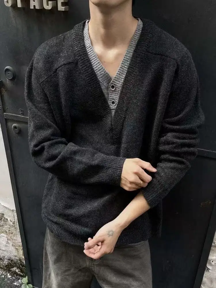 

American Sle Vintage Deep V-Ne Men's Knitted Sweater Jaet Pure Color Simple Cleanfit High-End Feeling Long Sve Casua...