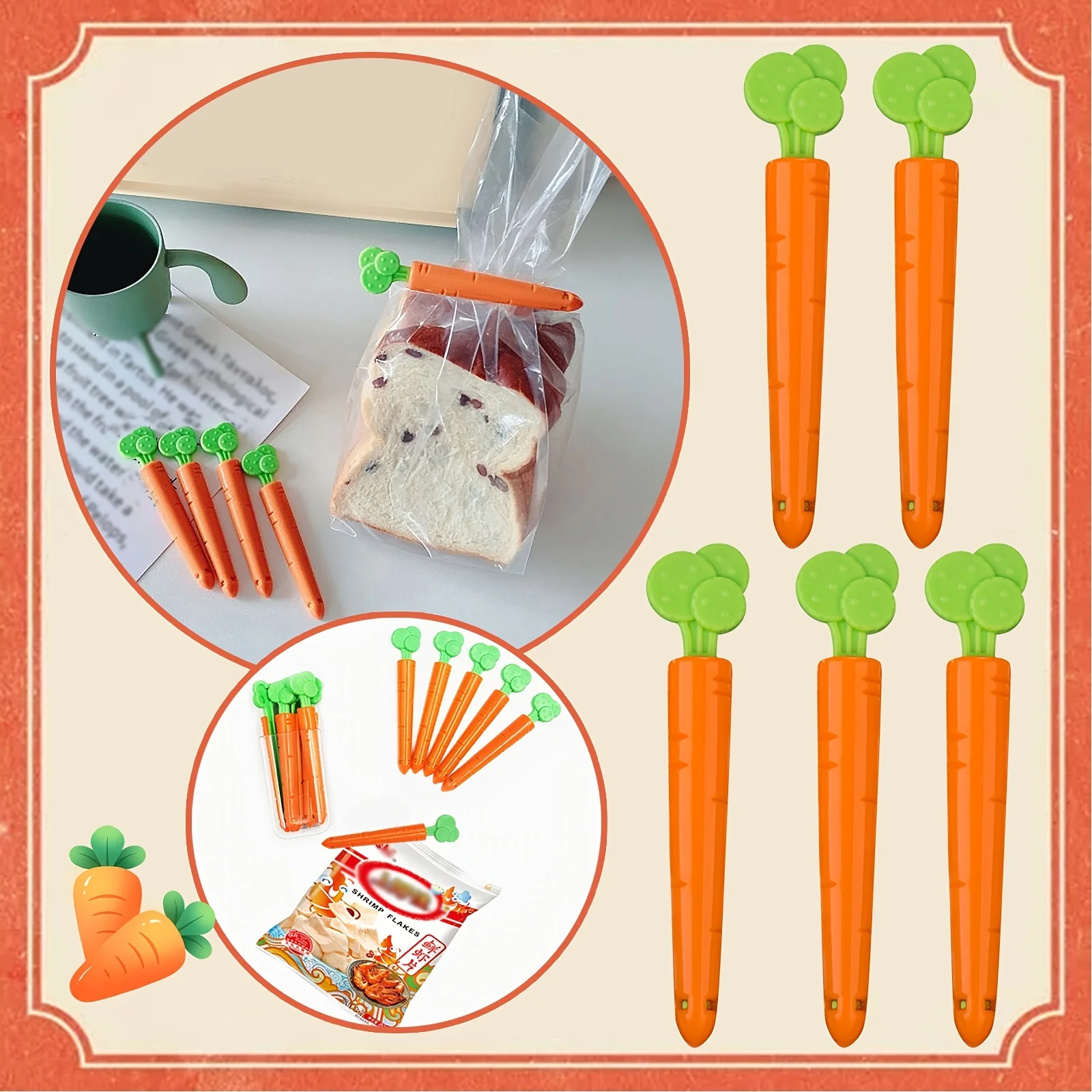 

Carrot shape sealing clip, magnetic fridge magnet, creative snack sealing clip, 5PCs