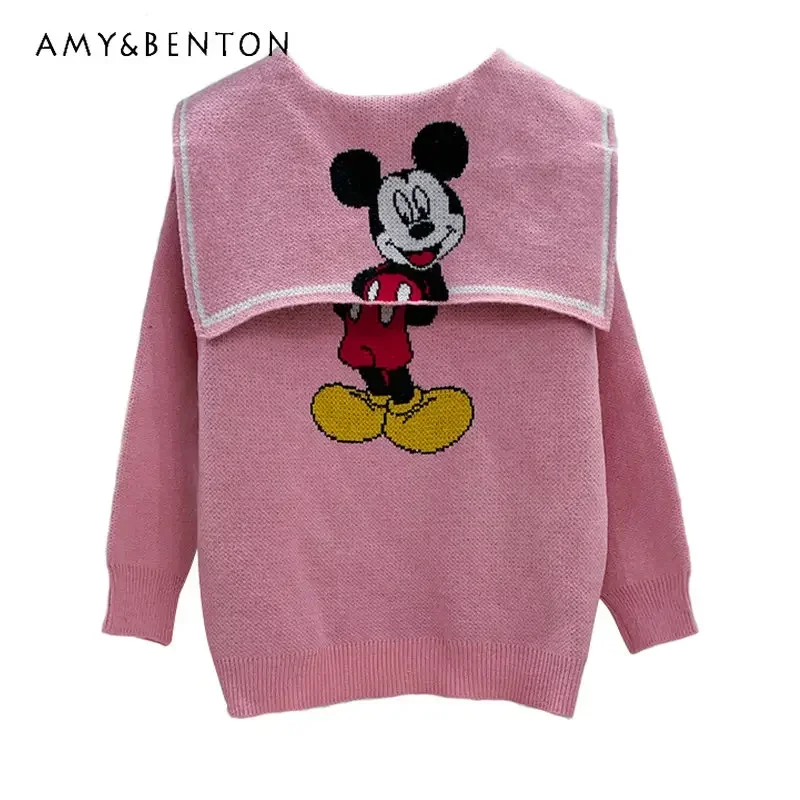 Popular Cartoon Thick Knit Cardigan Jacket Women\'s Spring Autumn New Loose All-Match Sailor Collar Sweater Outerwear Coat Ladies