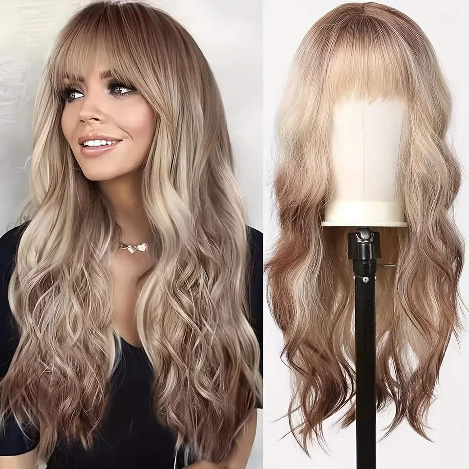 

Clearance Sale Golden Brown Ombre Long Wavy Synthetic Wig with Bangs for Women Heat Resistant Hair for Daily and Party Styling