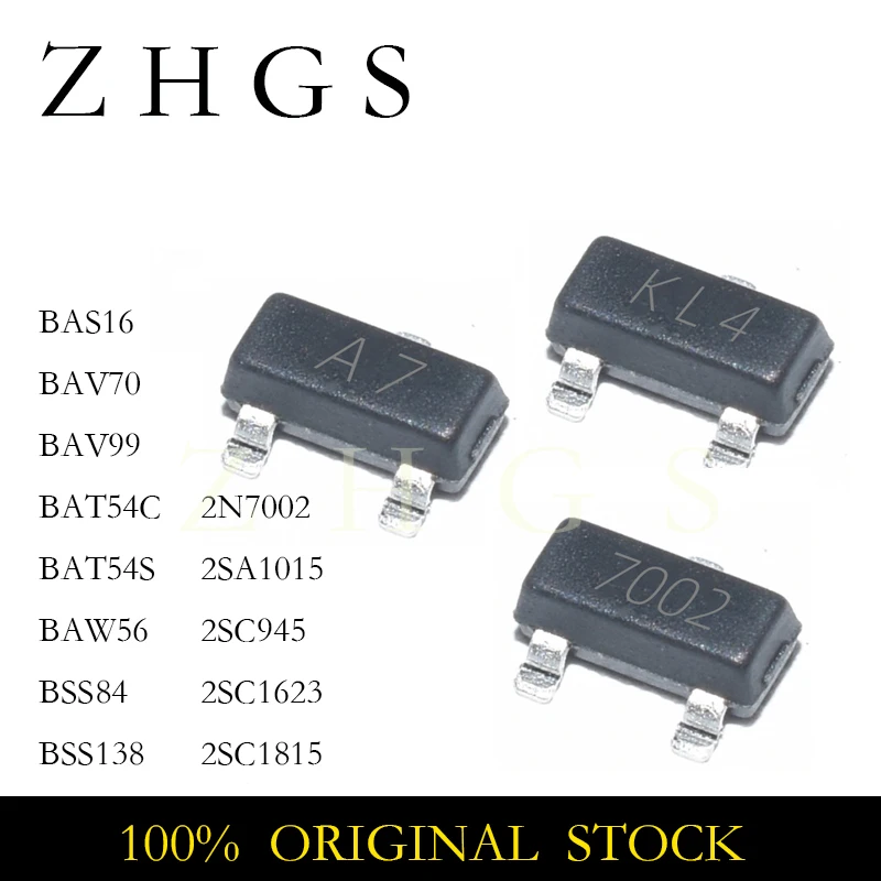 100PCS 2N7002 2SA1015 2SC1623 2SC1815 2SC945 BAS16 BAT54C BAT54S BAV70 BAV99 BAW56 BSS138 BSS84 SOT23 BJT DIODES NEW STOCK