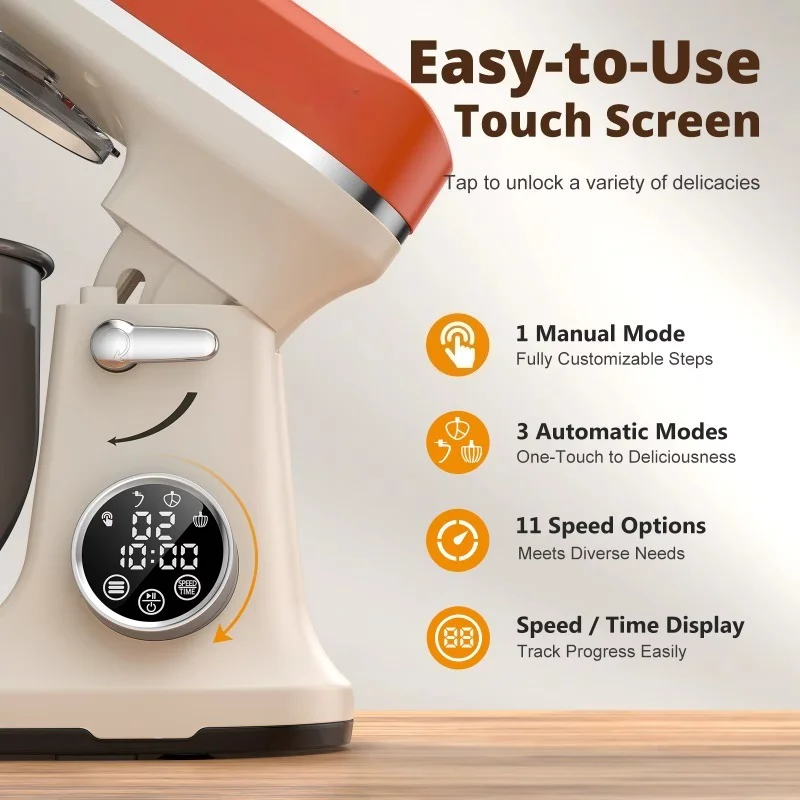 Automatic Vertical Mixer with Light Emitting Diode Touch Screen and Timer -11 Speed Tilt Head Dough Mixer Kitchen Electric Mixer