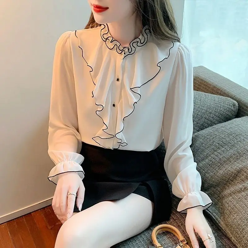 Elegant Fashion Ruffles Spliced Solid Blouse Autumn All-match Long Sleeve Casual Ruffled Neck Chiffon Shirt Women's Clothing