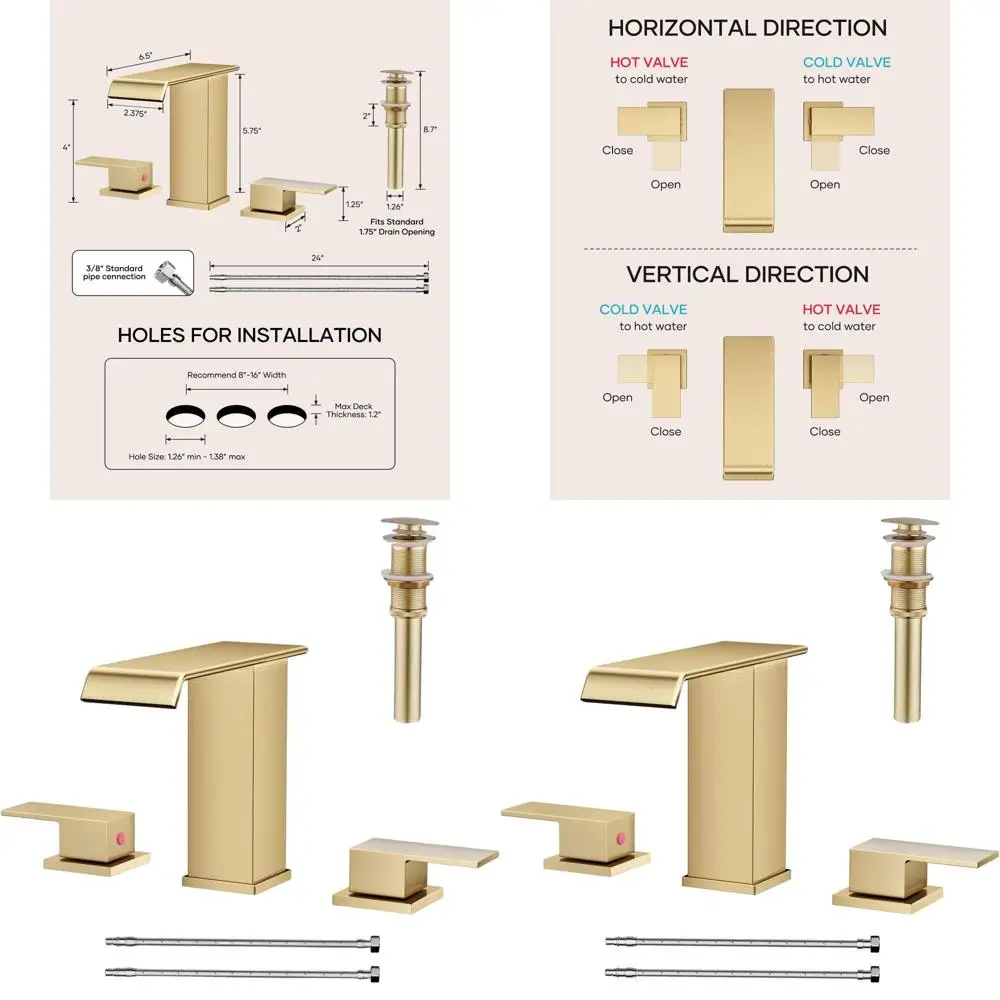 

8 Widespread Brushed Gold 3-Hole Modern Bathroom Sink Faucet Set with Touch-On Lavatory for Vanity