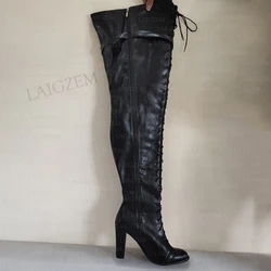 BERZIMER Women Over Knee Boots Wide Calf Friendly Full Zipper Thick Heels Tall Boots Faux Leather Shoes Woman Big Size 43 45 52