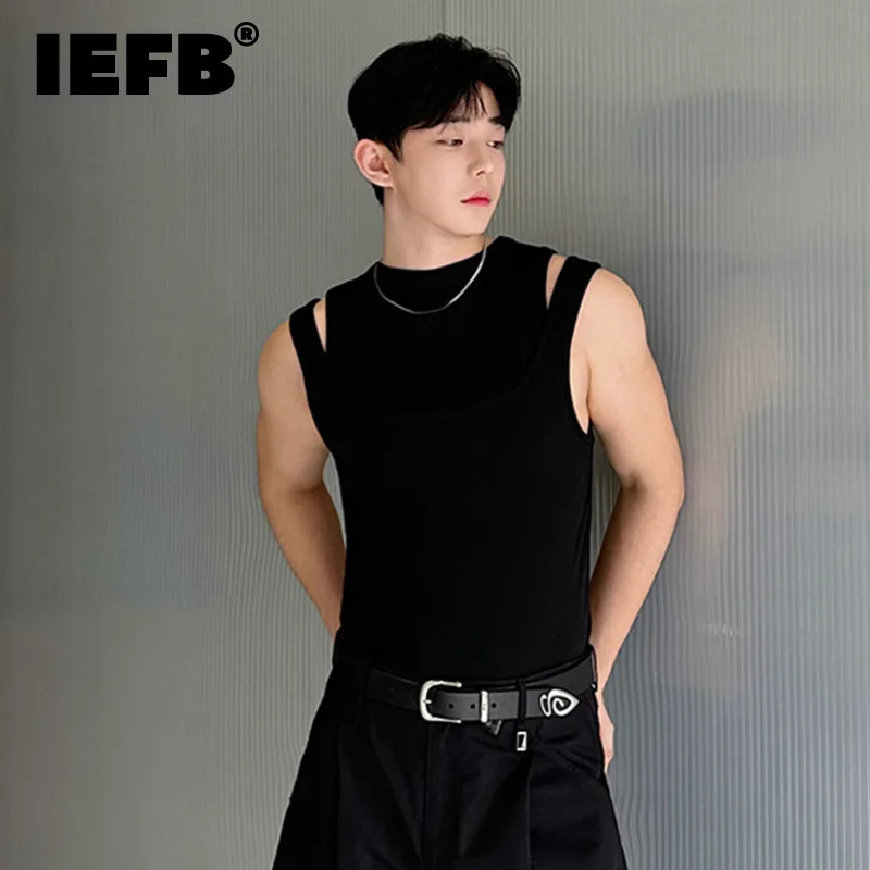 IEFB Personalized Male Sleeveless Top Deconstructed Double Layer Spliced Hollow-out Knitted Tank Top Summer Trendy 9C5945