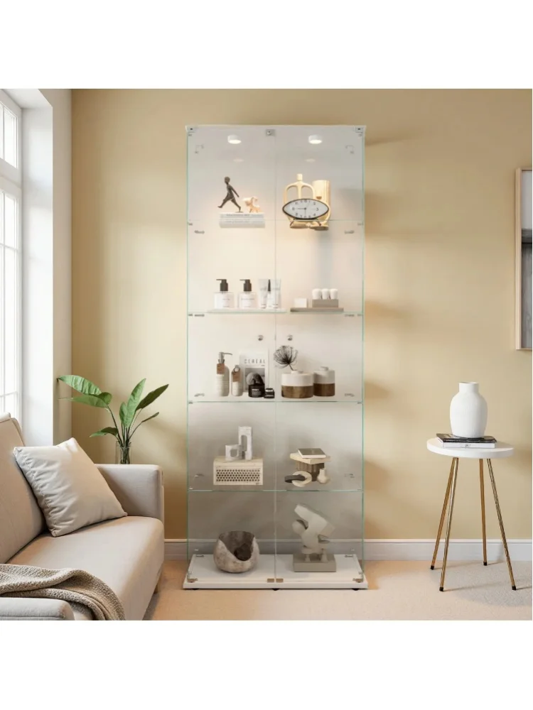 Lazyspace 5-stöckige Glasvitrine, Transparente Dekorative Regale, mit LED-Beleuchtung & 2 Türen, Vitrinenschrank für Wohnzimmer und Büro