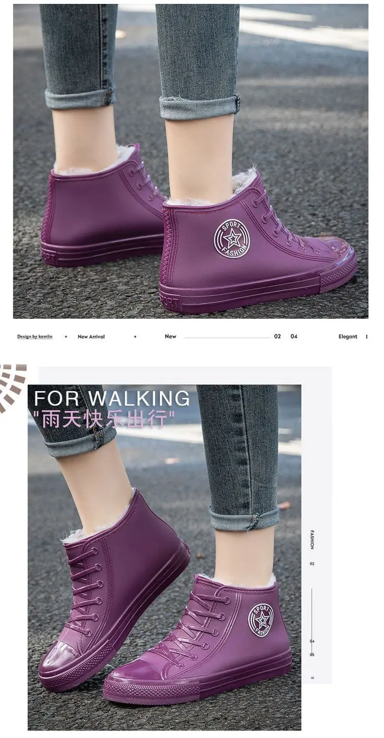Stilvolle warme Damen-Regenschuhe mit Fell, wasserdichte Winterstiefel, Damen-Galoschen, modische Garten-Regenschuhe, Plüsch-Regenstiefel der Marke – Detail 9