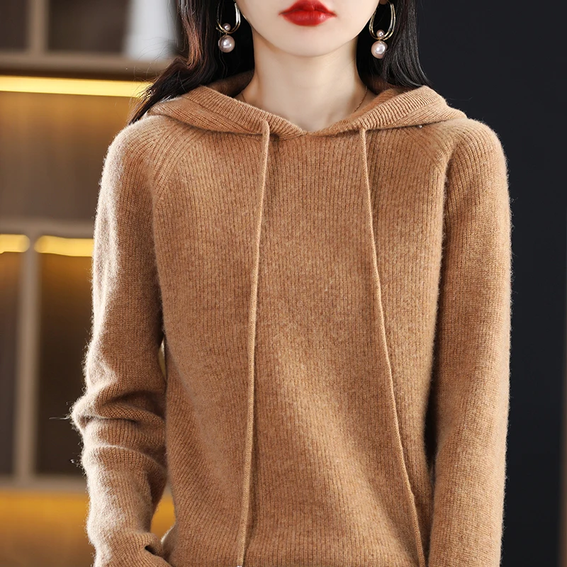 

100% Pure Wool Women's Sweater Hooded Neck Women's Pullover Hoodie Long Sleeve Pullover Sweater Women's Slim Fit Fashion Top