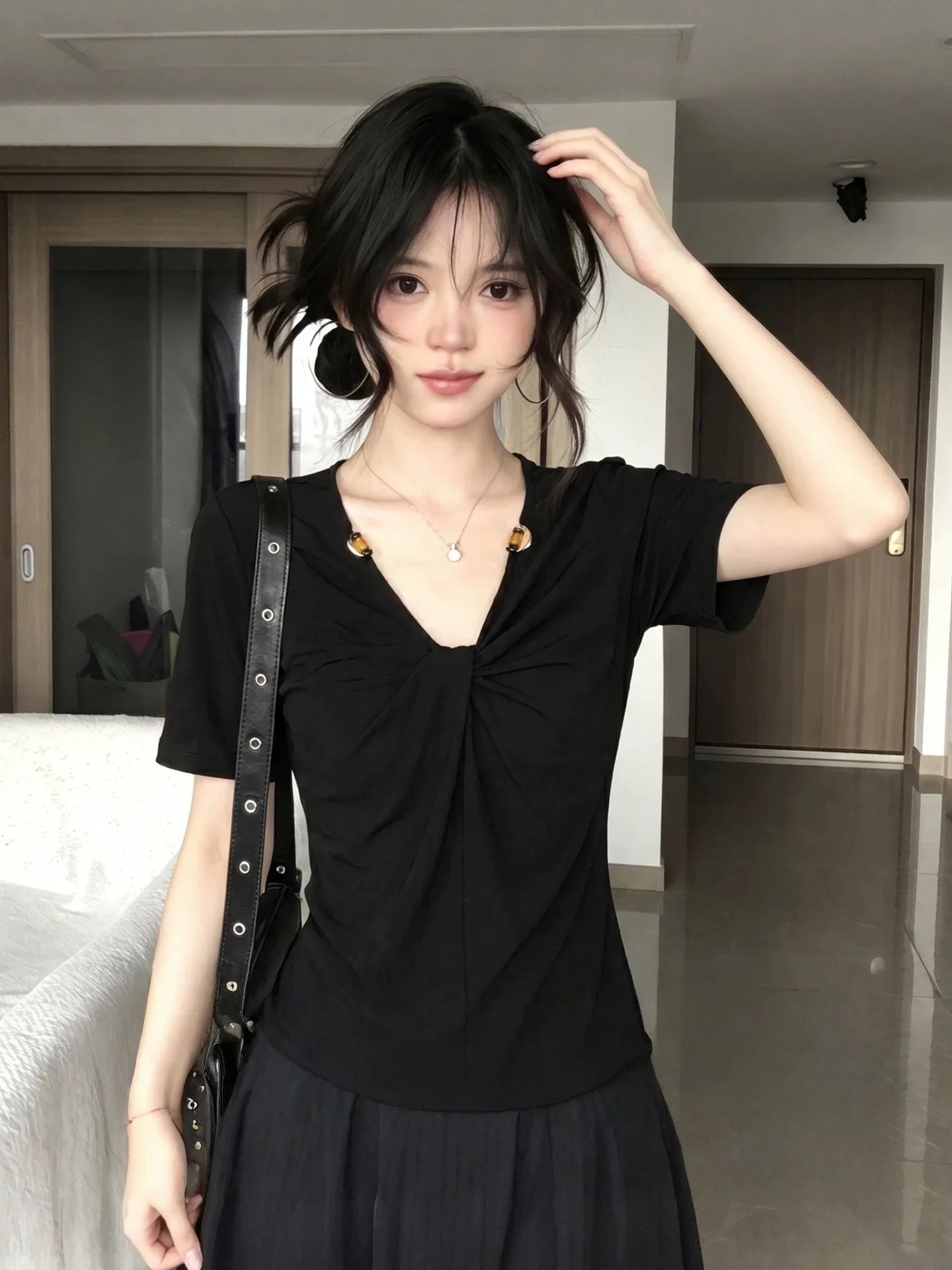Black Slim Fit Short Sleeve T-Shirt V-Neck Knot Waist Design Summer Fashion Sexy Style Bead Detailing Breathable Comfortable Top