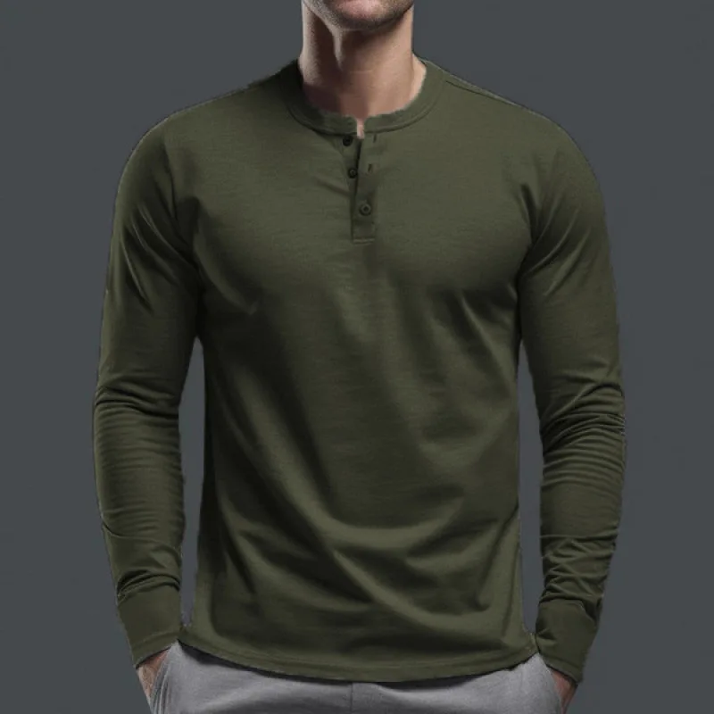 2024 Spring Autumn New Men\'s Pullovers Crew Neck Button Solid Color Fashion Slim Young Style Classic Long Sleeve T-shirt Tops