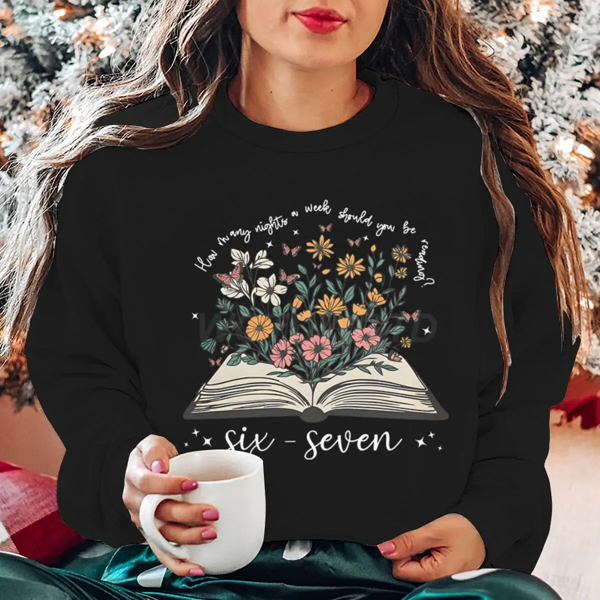 Book and Flower Graphic Sweatshirts Reading Book 6 7 Memes Funny Sweater Long Sleeve Pullovers Book Lover Six Seven Clothing