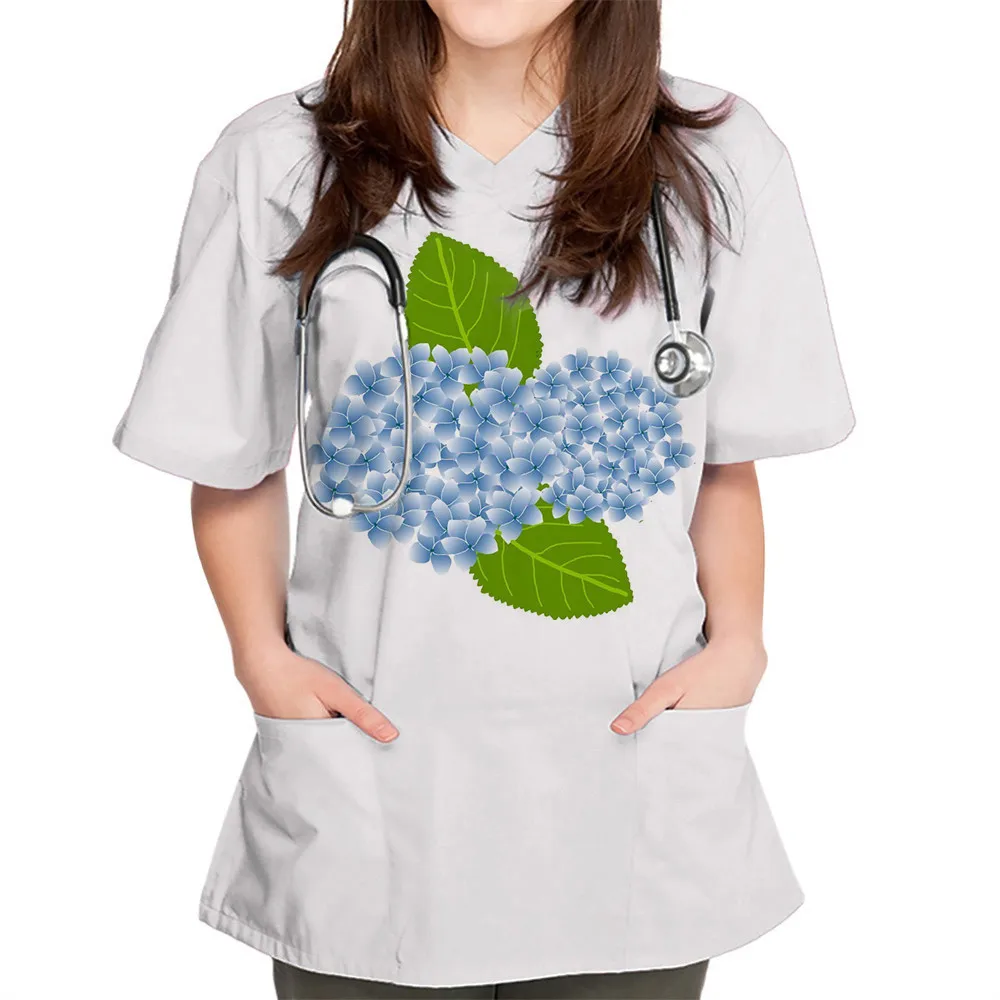 Women's Floral Print Nurse Uniform, Short Sleeved V-neck Top, Work Uniform, Printed Pocket, New Style