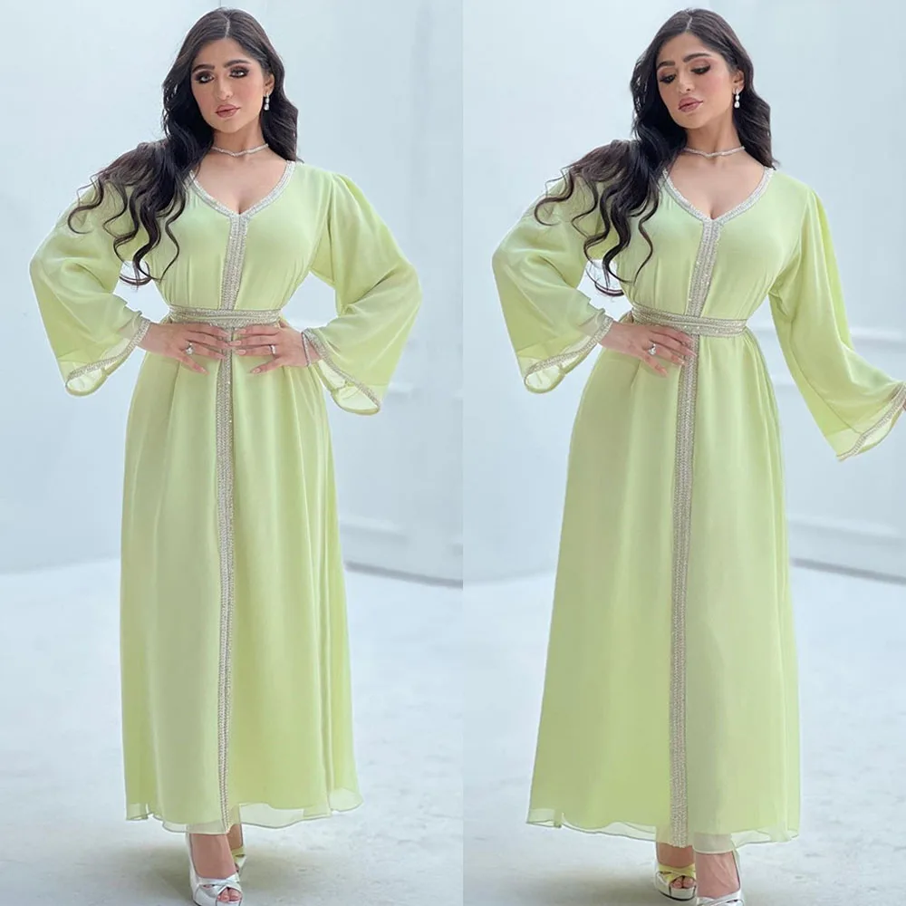 

Dubai Abaya Women Chiffon Hijab Dress Muslim Islamic Vestidos Arabic Beading Kaftan Middle East Moroccan Maxi Robe Evening Gown