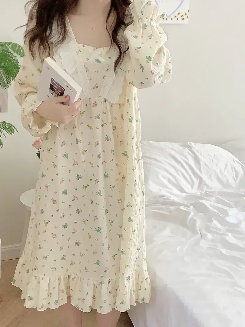 

Floral Gauze Print Sleepdress Crepe Home Nightgown Lace Long Women Sleeve Autumn Soft Nightdress Winter Cotton Wear