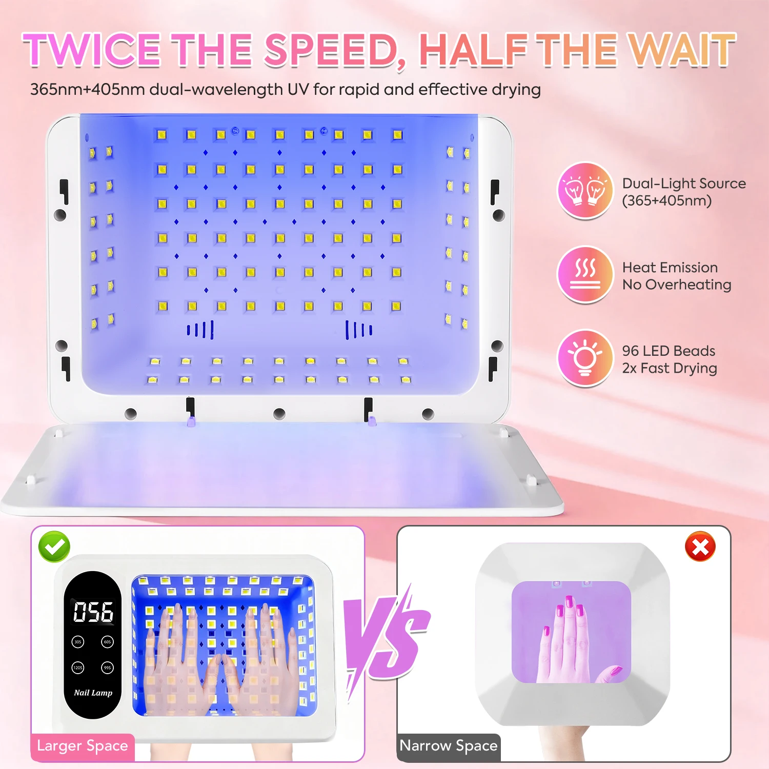 Ruime UV/LED-spijkerlamp met slimme sensor, 4 timermodi, verwijderbare voet en ingebouwde handsteun