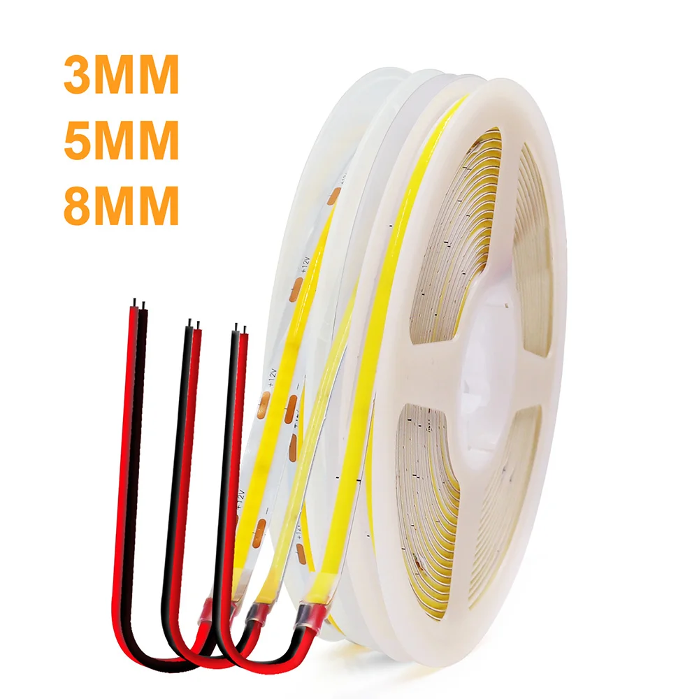 Tira de LED COB de 12V, 24V, 5V, 3mm, 5mm, PCB, luz ultrafina, 320LED, 8mm, CRI90, cinta LED Flexible brillante para iluminación de armario y hogar